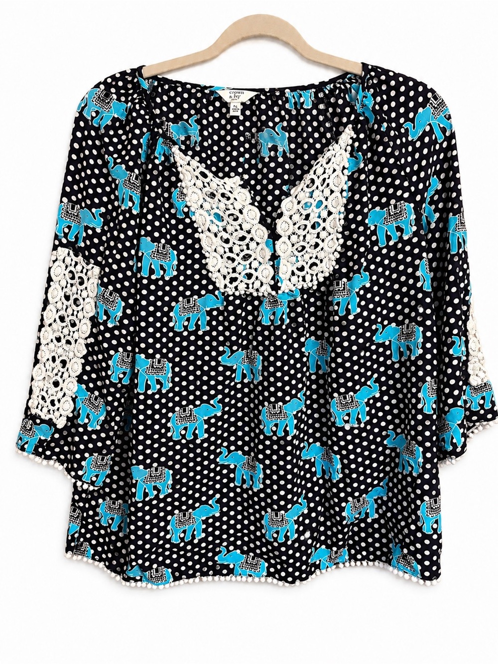 Boho Crochet-Trim Elephant Print Blouse - Black & Turquoise LP